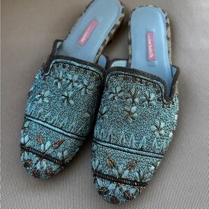 Meher Kakalia Beaded Embroidered Mule Slides Blue Green EU 40 US 9